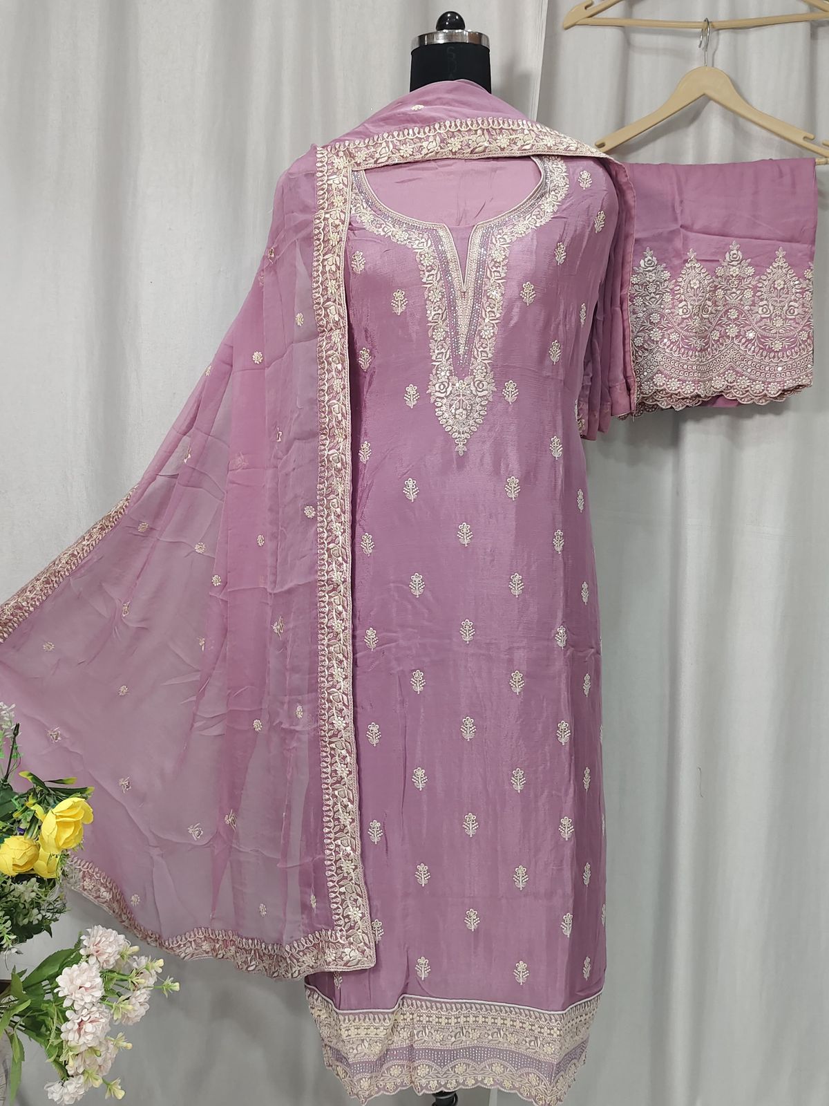 Elegant Chinon Embroidered Suit Set