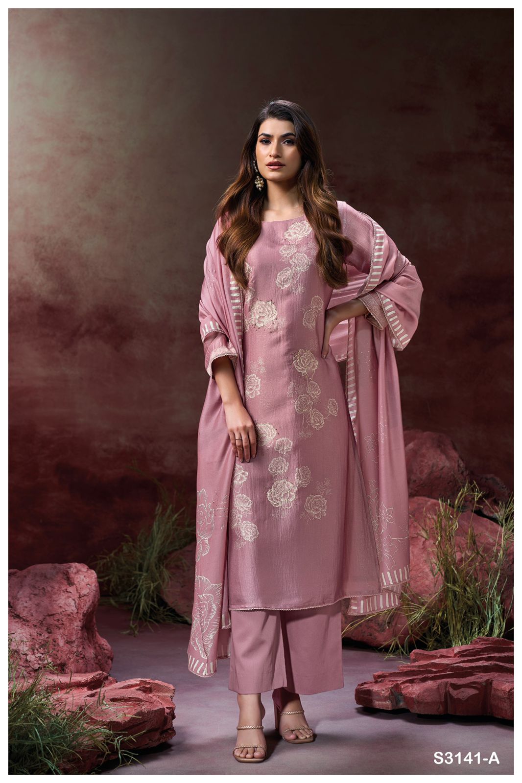 Ganga Ellahi 3141 – Bemberg Silk Suit Set with Hand Embroidery
