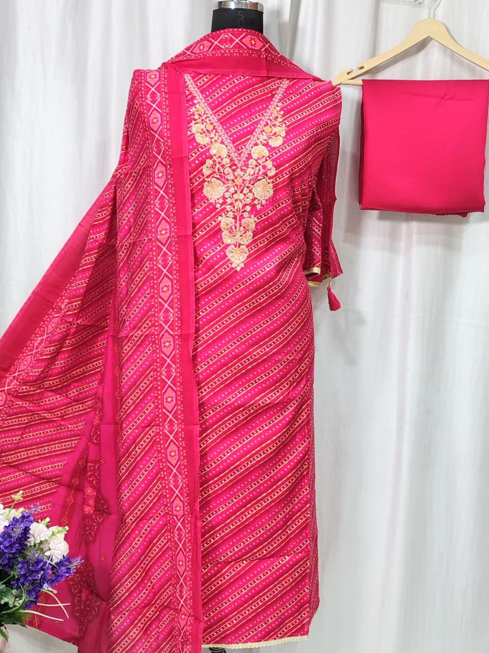 Graceful Modal Silk Suit Set with Print & Embroidery