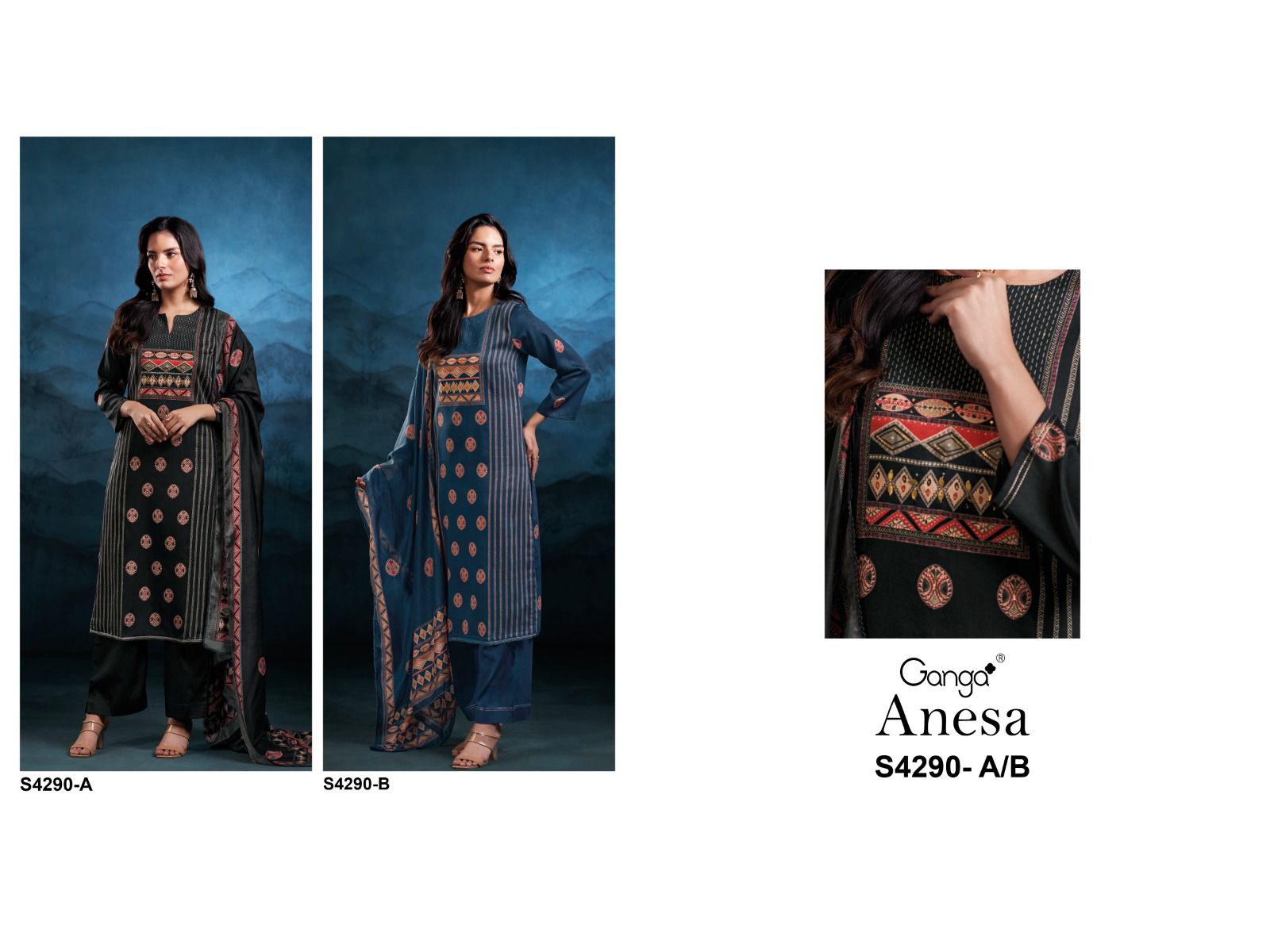 Ganga Anesa 4290 premium pure cotton satin printed with hand work