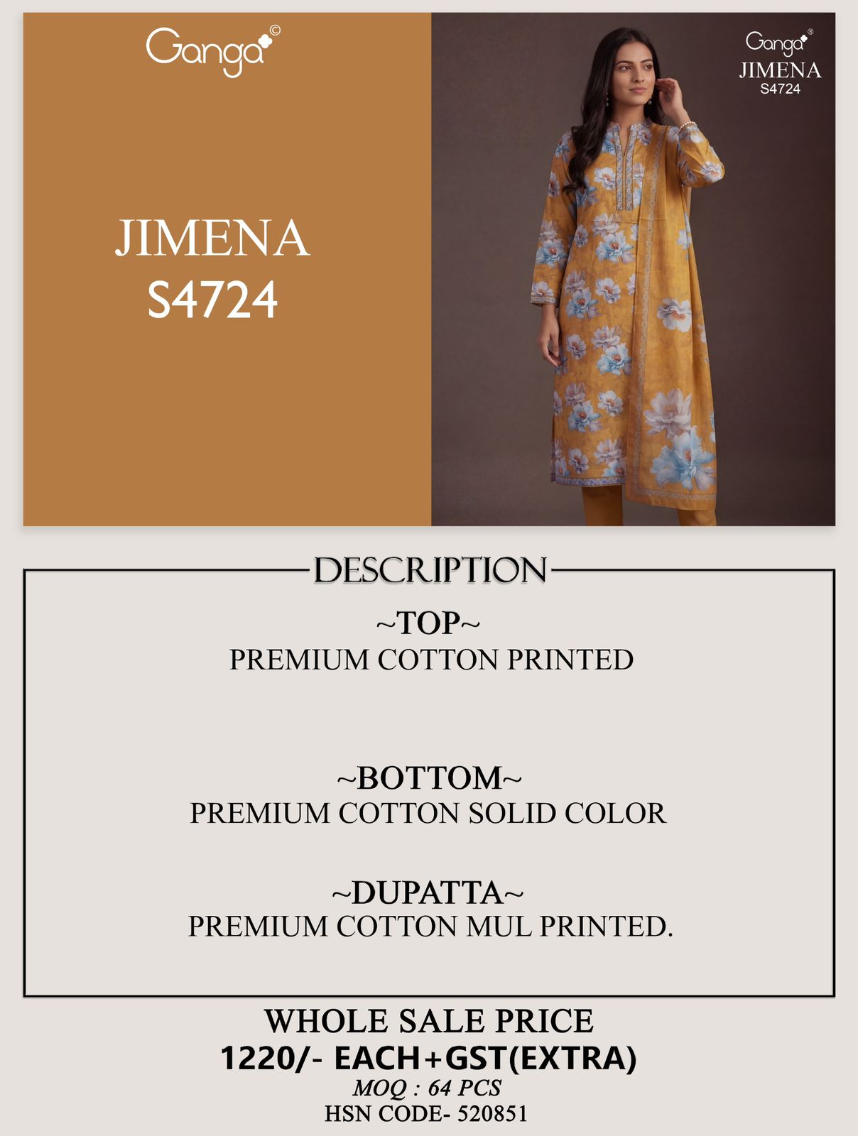 Ganga Jimena 4724 ladies cotton suits wholesalers