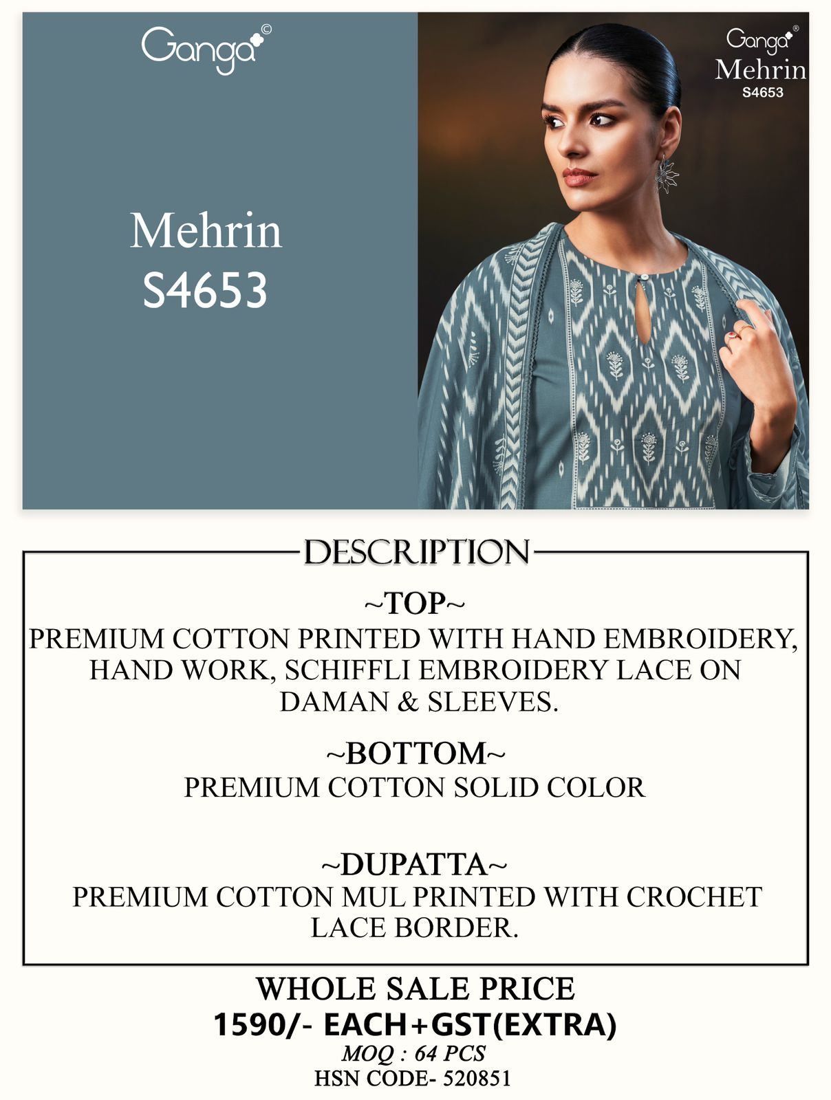 Ganga Mehrin 4653 ladies cotton suits wholesalers
