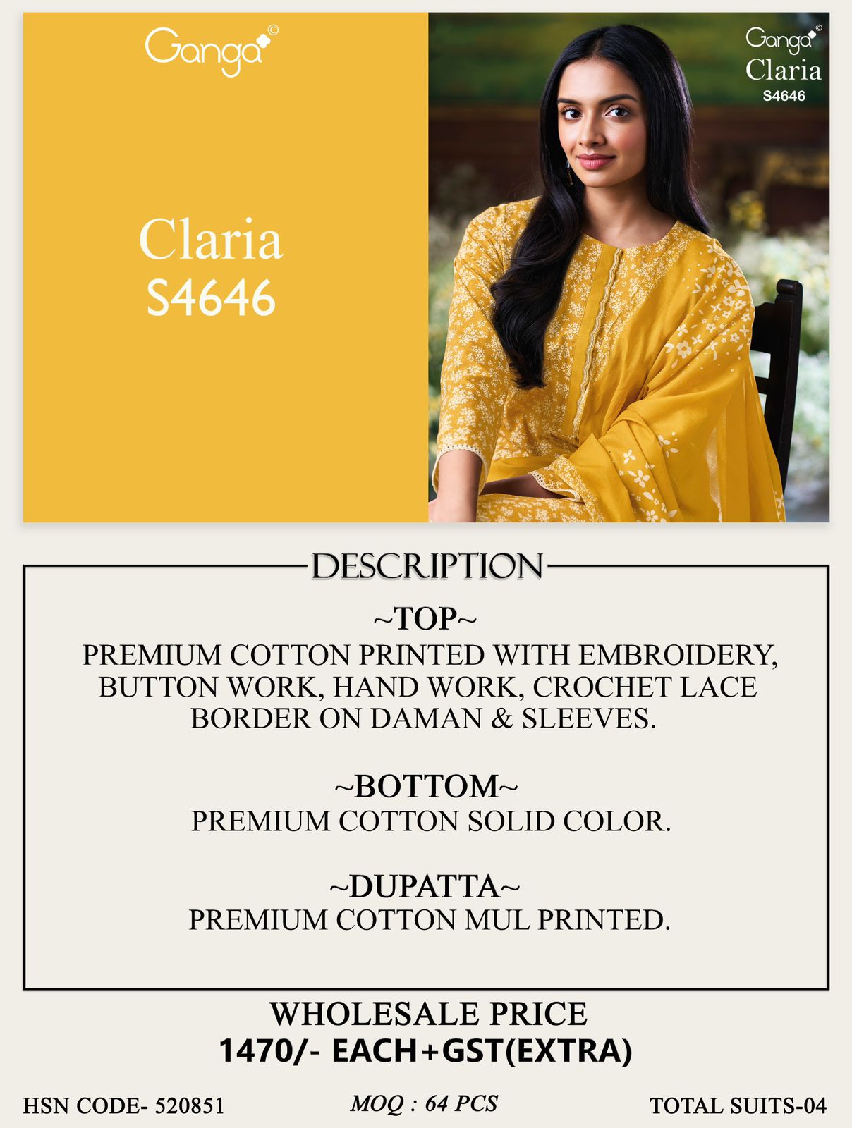 Ganga Claria 4656 ladies cotton suits wholesalers