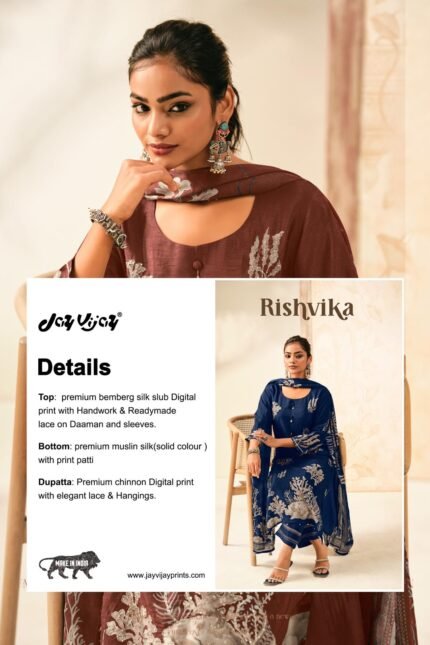 Jay Vijay Rishvika 3318 Bemberg Silk Slub Suit - 4 Designs @ ₹2090 | Hand Work Chinnon Dupatta