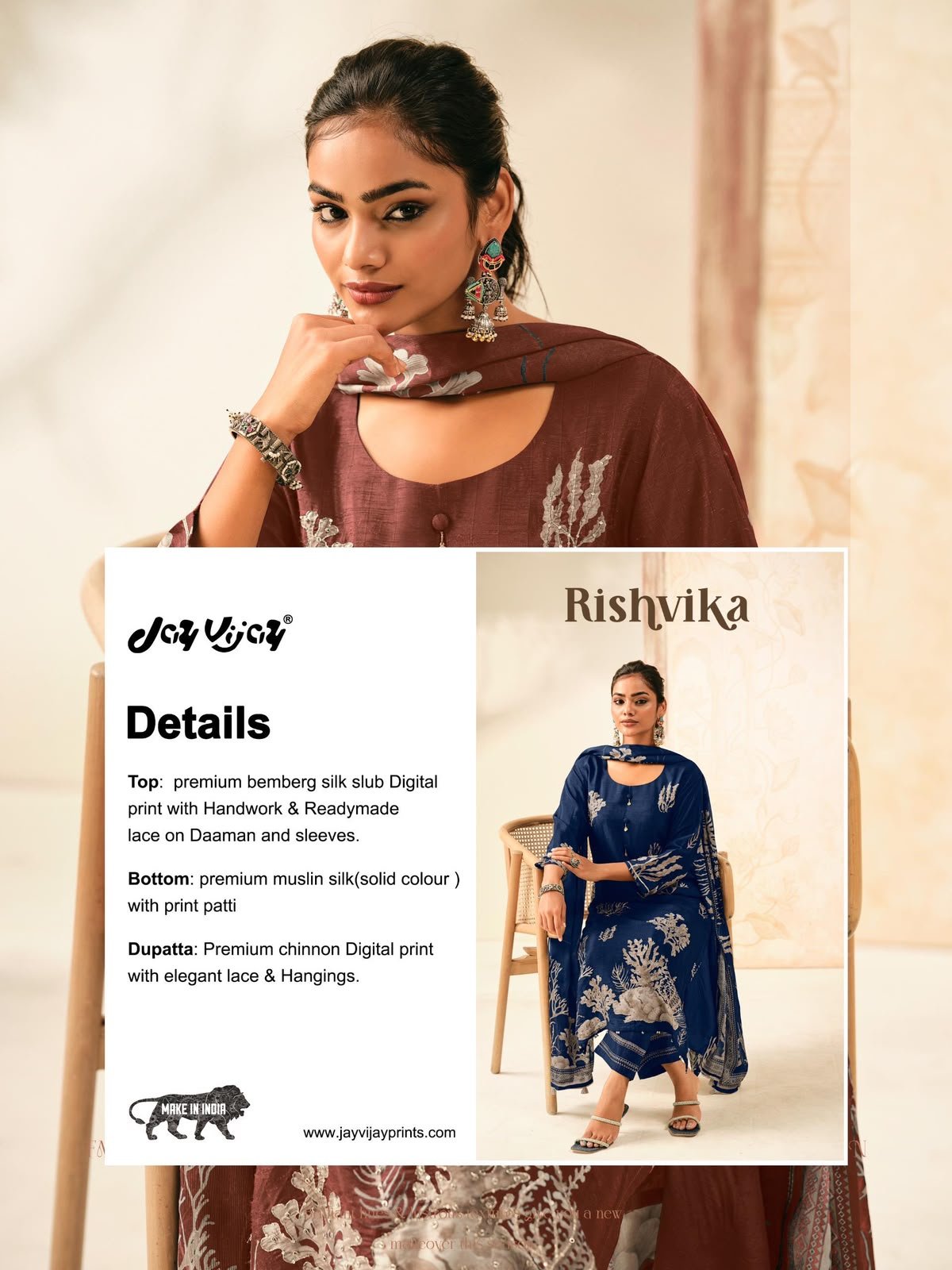 Jay Vijay Rishvika 3318 Bemberg Silk Slub Suit - 4 Designs @ ₹2090 | Hand Work Chinnon Dupatta