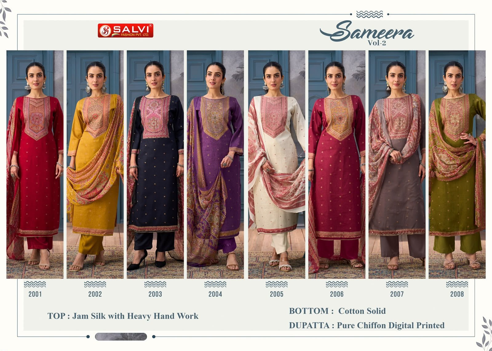 Salvi Fashion Sameera Vol 2 Jam Cotton Handwork Suit - 8 Designs @ ₹1030 | Pure Chiffon Dupatta
