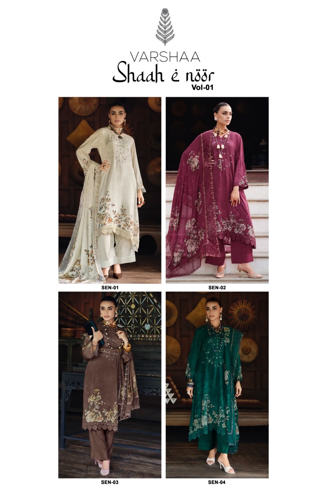 Varsha Shaah E Noor Viscose Muslin Sequence Suit - 4 Designs @ ₹2380 | Thread Work Organza Border Dupatta