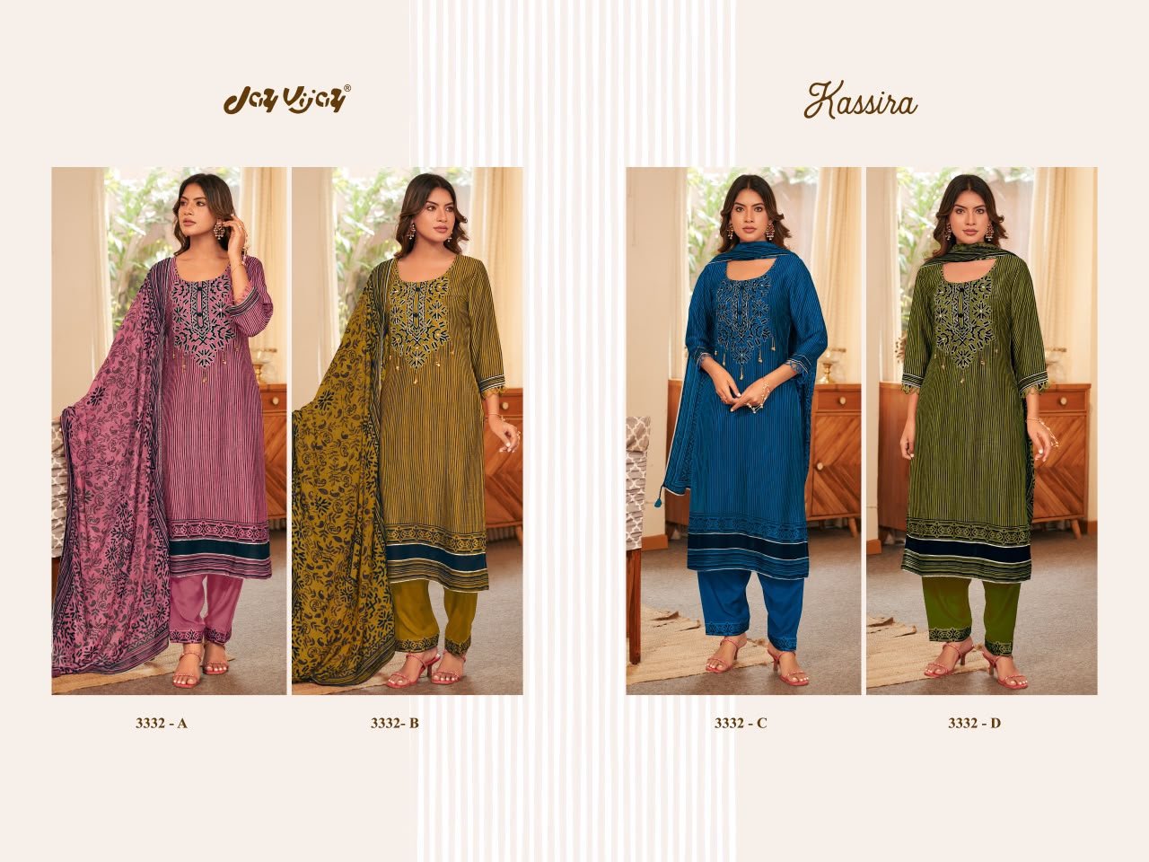 Jay Vijay Kassira Bemberg Silk Mirror Work Suit - 4 Designs @ ₹2490 | Digital Print Lace Muslin Dupatta
