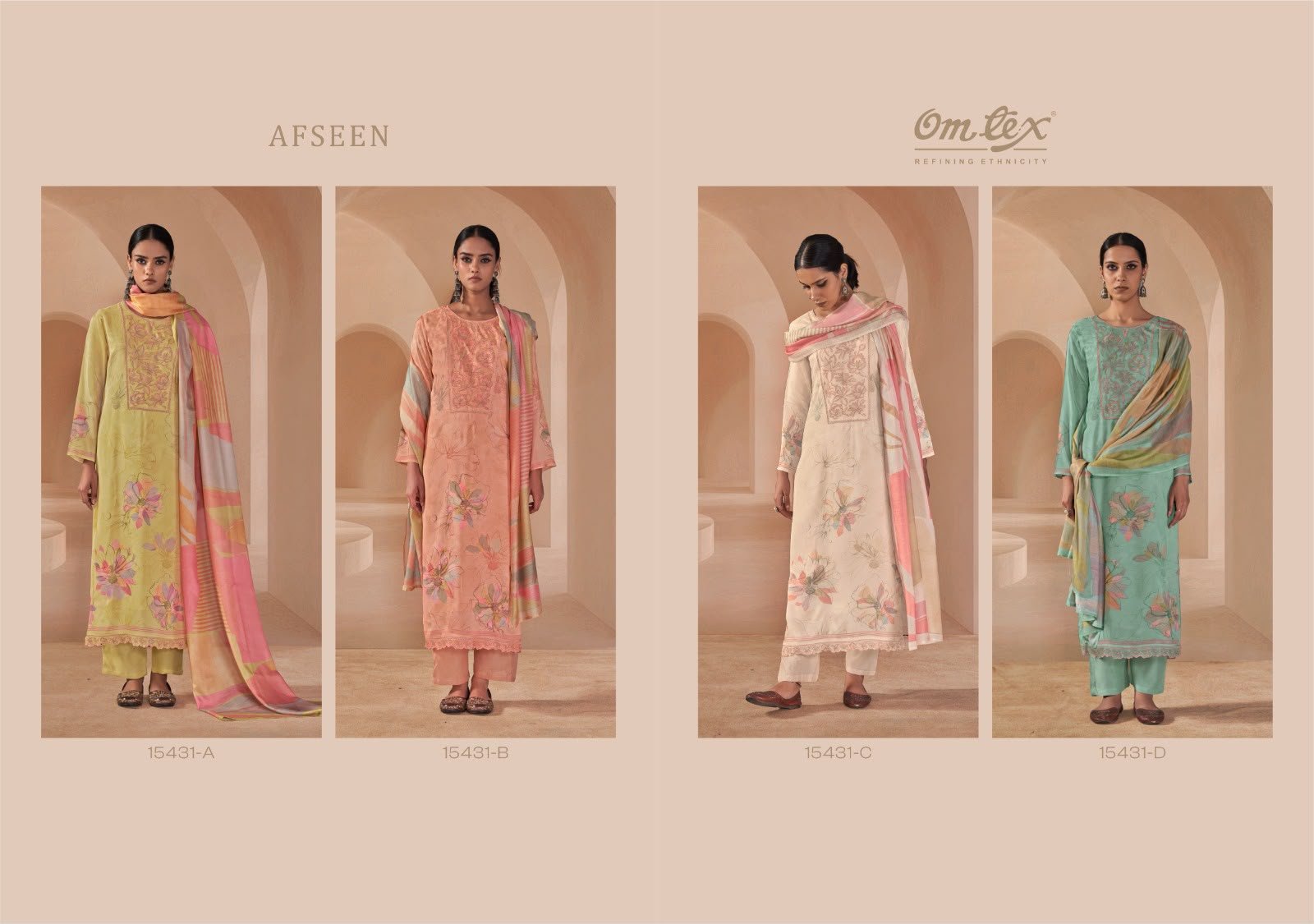 Omtex Afseen Muslin Silk Embroidery Suit - 4 Designs @ ₹1695 | Digital Print Lace Patch Work