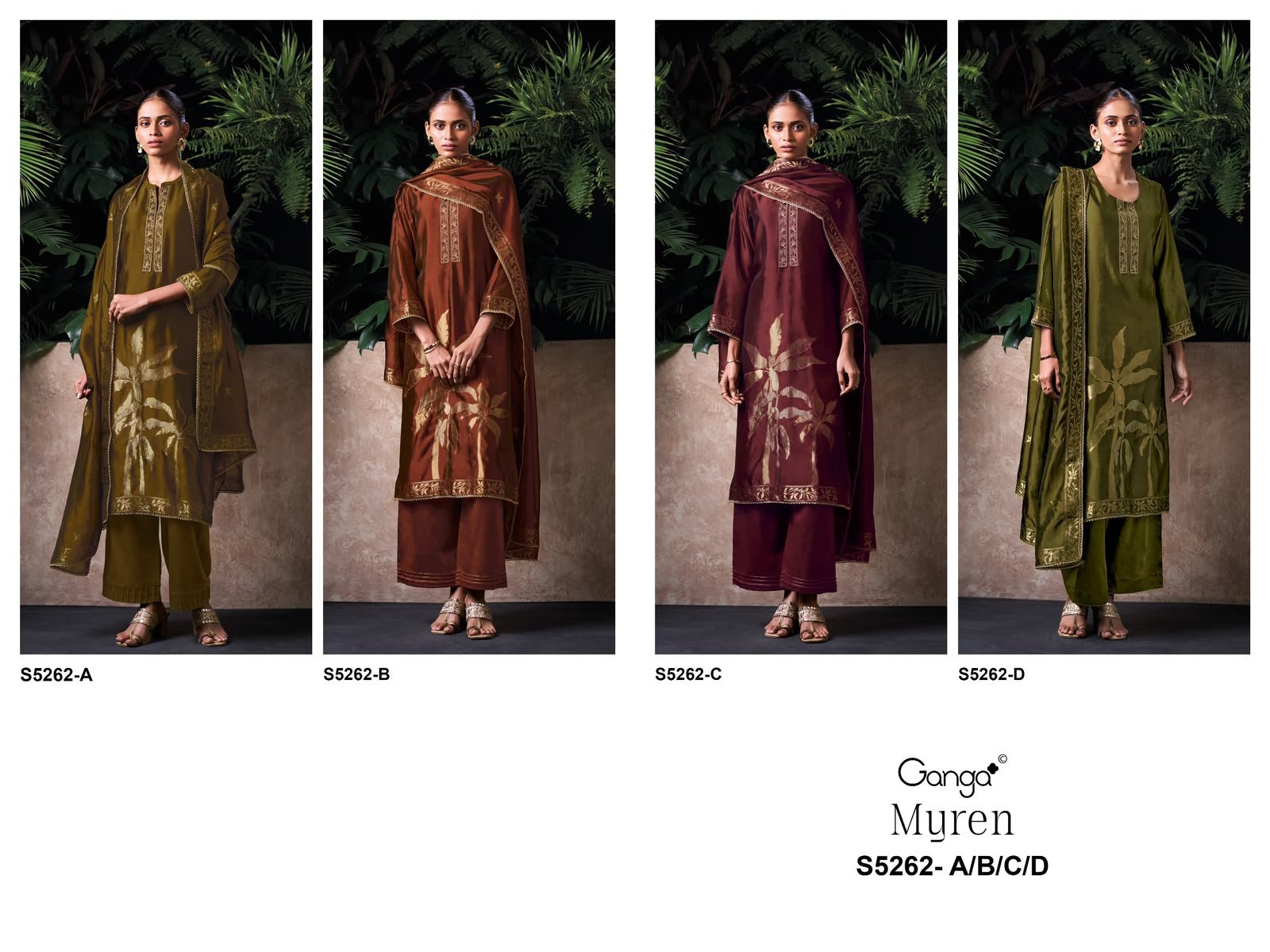 Ganga Muren 5262 Viscose Silk Jacquard Embroidery Suit - 4 Designs @ ₹2165 | Hand Work Jari Lace Border