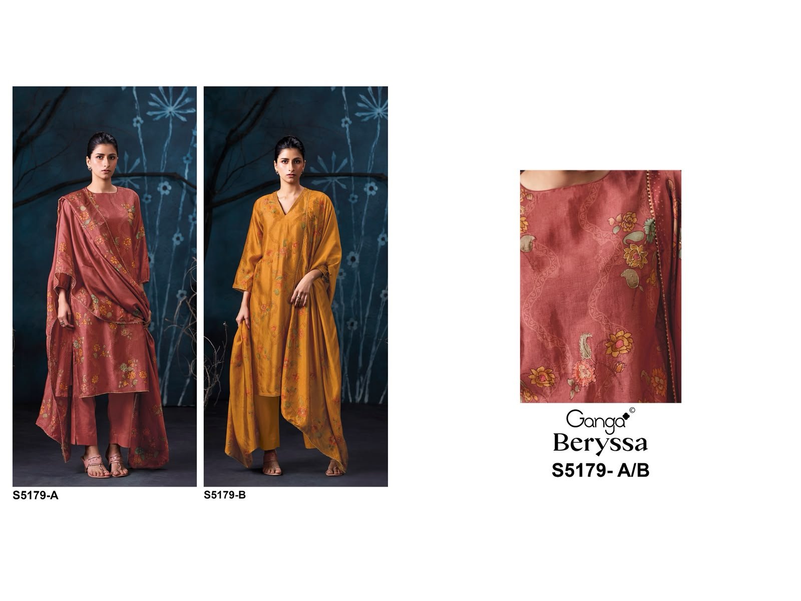 Ganga Beryssa 5179 Bemberg Russian Silk Printed Suit - 4 Designs @ ₹2350 | Swarovski Hand Work
