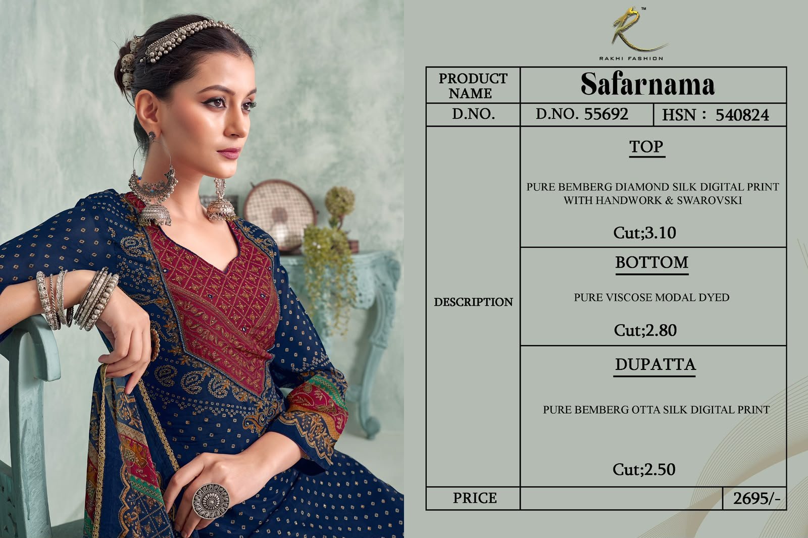 Rakhi Safarnama Bemberg Diamond Silk Suit - 4 Designs @ ₹2695 | Swarovski Hand Work