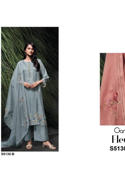 Ganga Fleura 5130 Habutai Silk Embroidered Suit - 2 Designs @ ₹2650 | Organza Dupatta