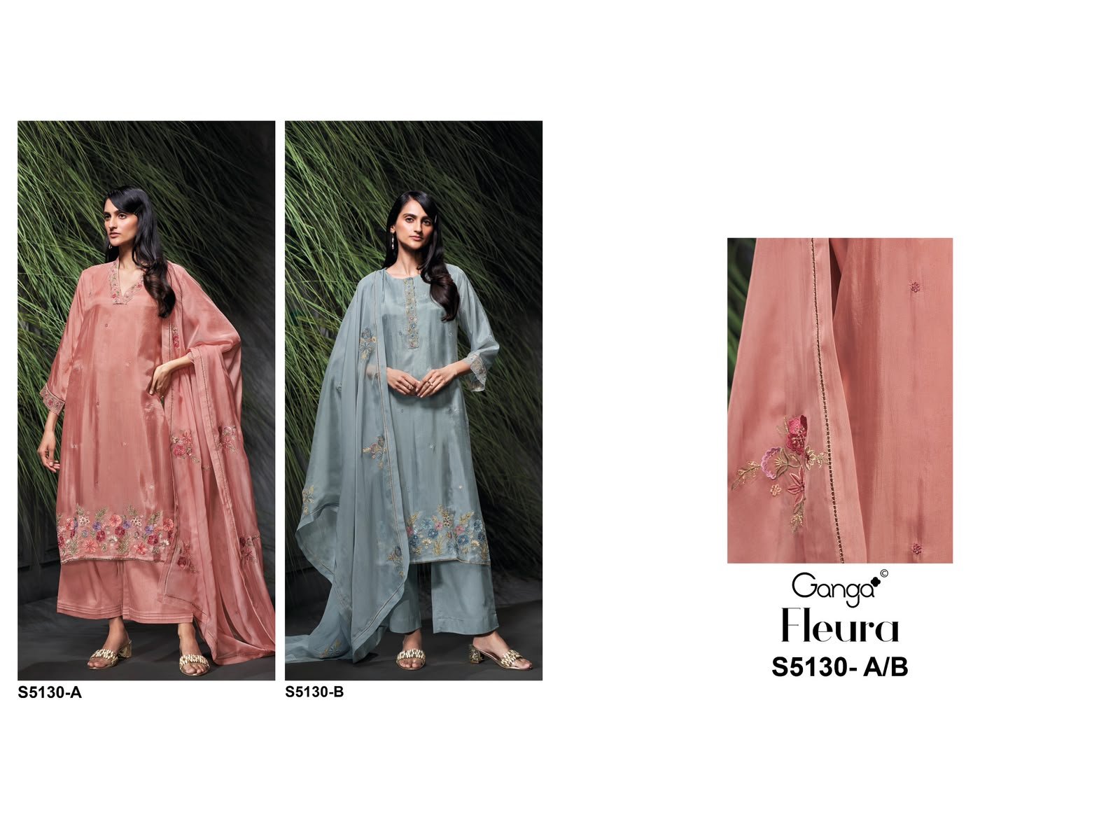 Ganga Fleura 5130 Habutai Silk Embroidered Suit - 2 Designs @ ₹2650 | Organza Dupatta