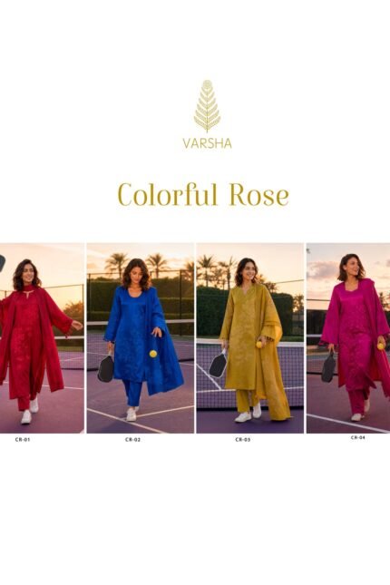 Varsha Colourful Rose Gajji Shimmer Pitta Hand Work Suit