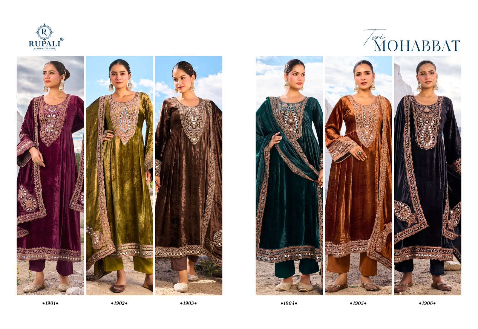 Rupali Fashion Trendz Teri Mohabbat Pure Viscose Velvet Mirror Work Suit - 4 Pcs Rate 3595