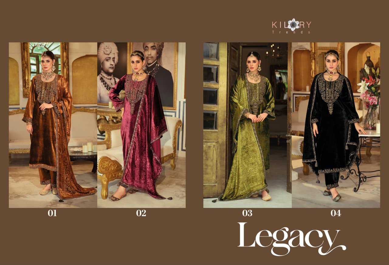 Kilory Trends Legacy Pure Velvet Embroidery Handwork Stone Suit - 4 Pcs Rate 2995