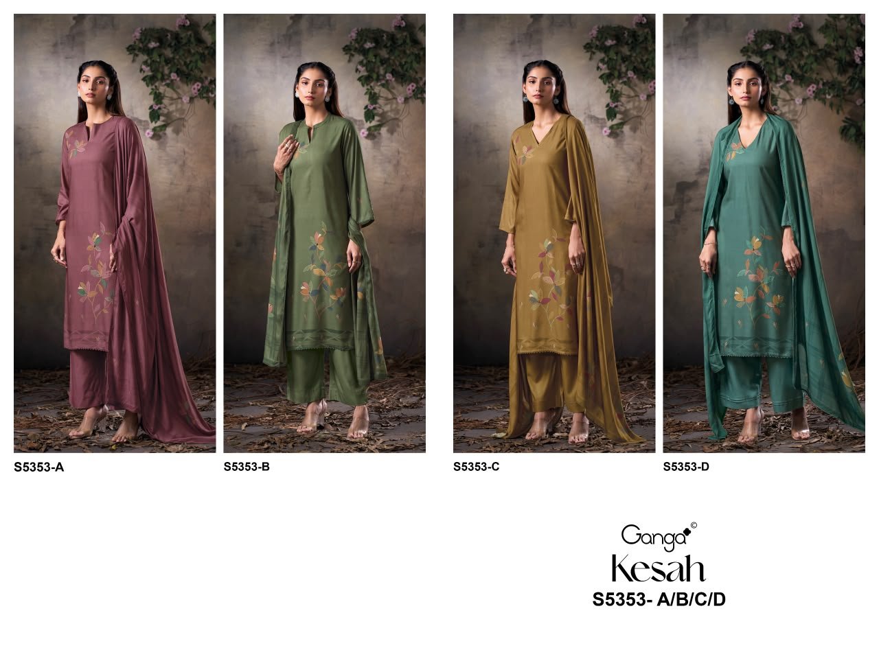 Ganga Kesah 5353 Premium Pure Wool Pashmina Schiffli Lace Suit - 4 Pcs Rate 1675