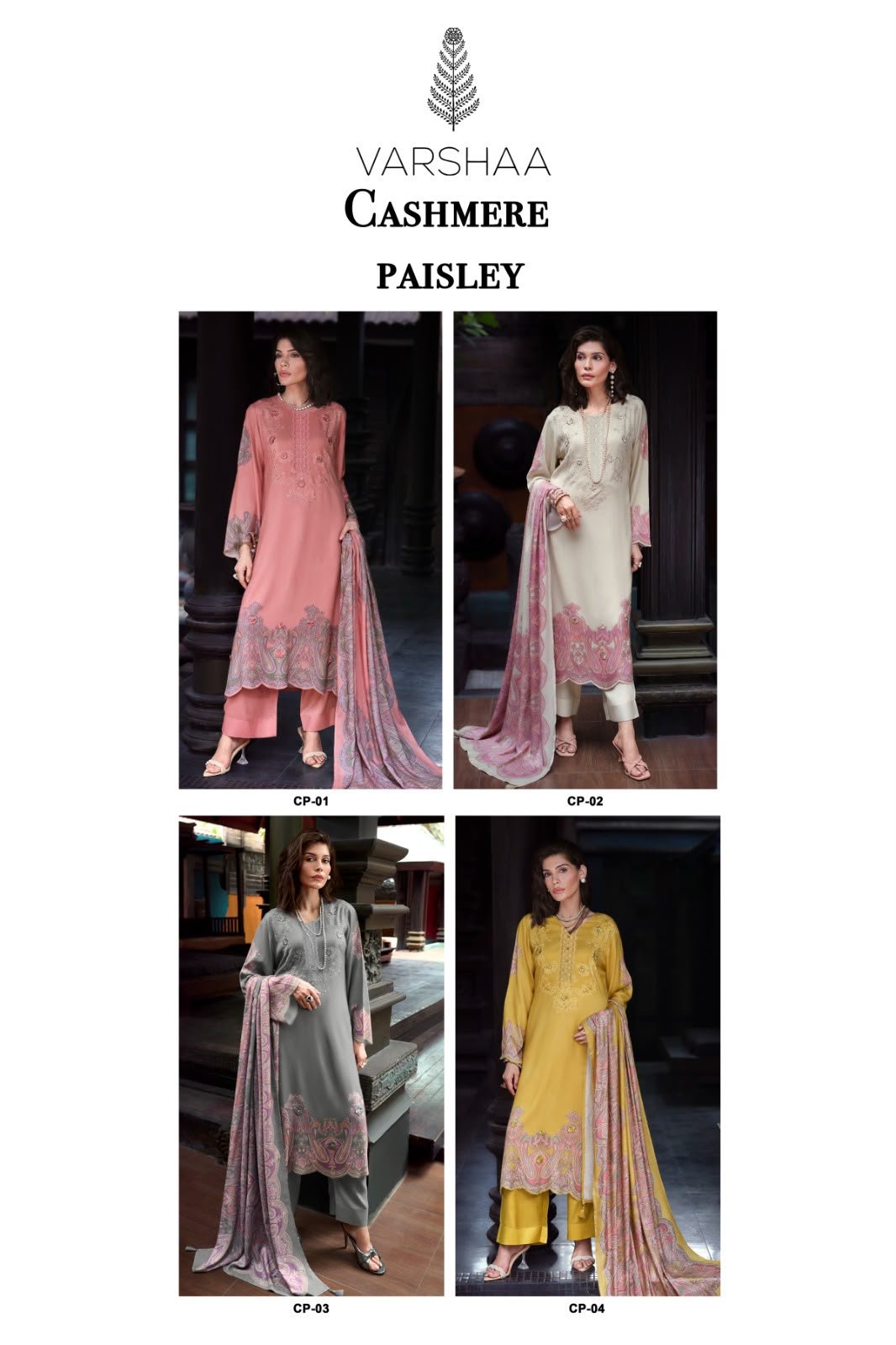 Varsha Cashmere Paisley Pin Cord Digital Print Thread Zari Handwork Suit - 4 Pcs Rate 2380