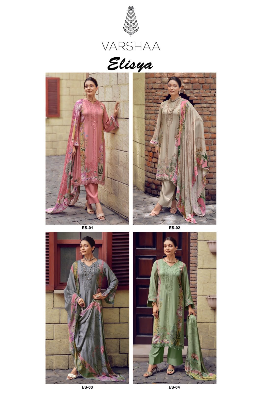 Varsha Elisya Cord Pashmina Digital Print Handwork Scalloped Lace Suit - 4 Pcs Rate 2580