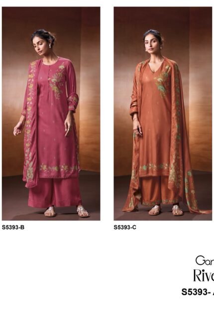 Ganga Riveya 5393 Premium Pure Wool Pashmina Printed Crochet Lace Suit - 4 Pcs Rate 1675