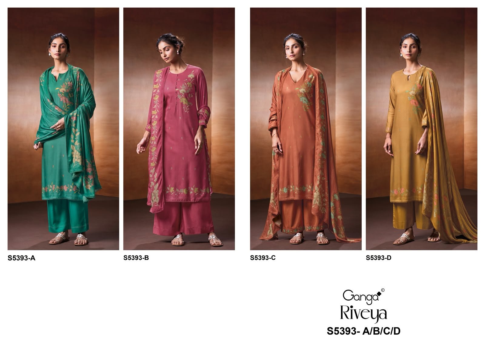 Ganga Riveya 5393 Premium Pure Wool Pashmina Printed Crochet Lace Suit - 4 Pcs Rate 1675