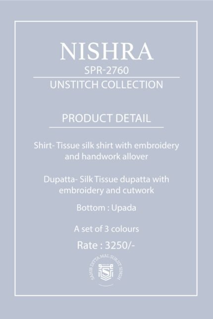 Naariti Nishra Tissue Silk Embroidery Handwork Allover Suit - 3 Pcs Rate 3250