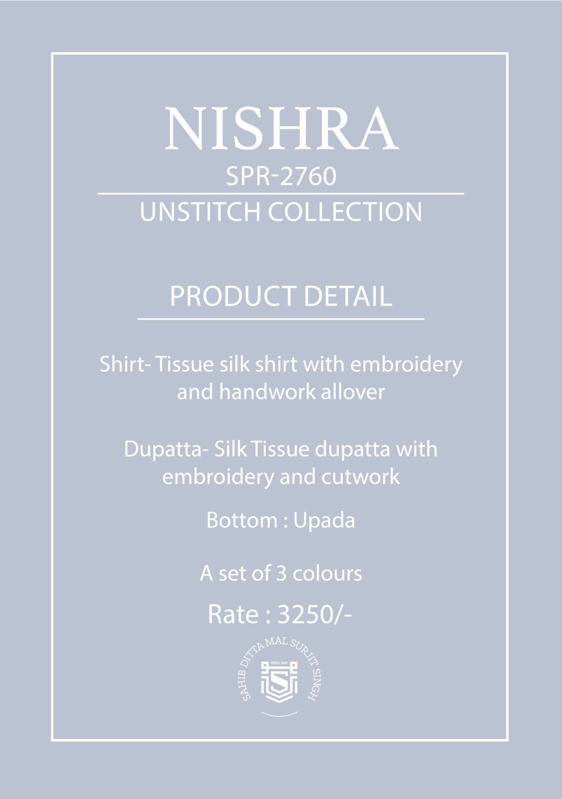 Naariti Nishra Tissue Silk Embroidery Handwork Allover Suit - 3 Pcs Rate 3250