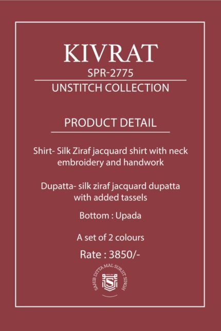 Naariti Kivrat Silk Ziraf Jacquard Neck Embroidery Handwork Suit - 2 Pcs Rate 3850