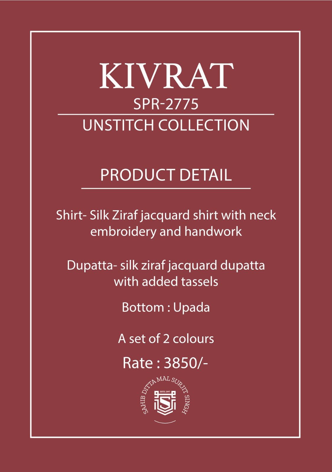 Naariti Kivrat Silk Ziraf Jacquard Neck Embroidery Handwork Suit - 2 Pcs Rate 3850