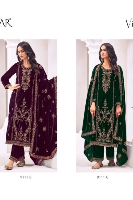 Glossy Simar Vilora Premium Velvet 9000 Heavy Embroidery Suit - 4 Pcs Price 2295