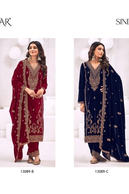 Glossy Simar Sindoor Premium Velvet 9000 Heavy Embroidery Suit - 4 Pcs Price 2295