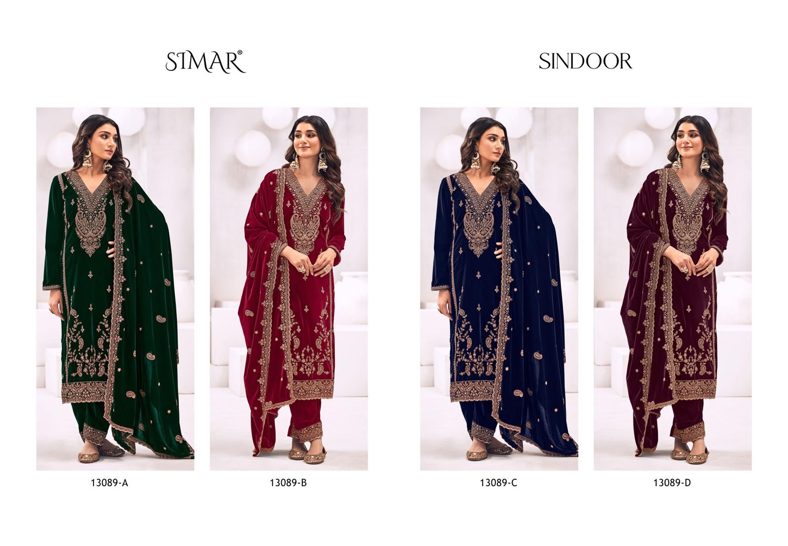 Glossy Simar Sindoor Premium Velvet 9000 Heavy Embroidery Suit - 4 Pcs Price 2295