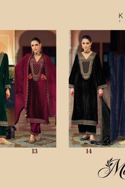 Kilory Trends Mahnoor Pure Valvet Crush Embroidery Daman Sleeve Suit - 6 Pcs Rate 2695
