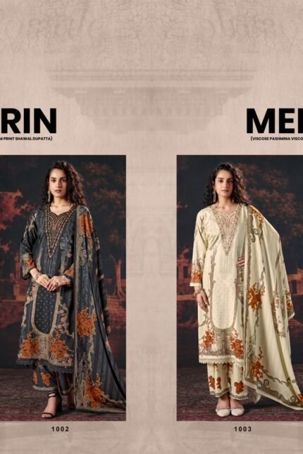 Mehrin Winter Shades Viscose Pashmina Digital Printed Embroidery V-Neck Suit - 4 Pcs Rate 1495
