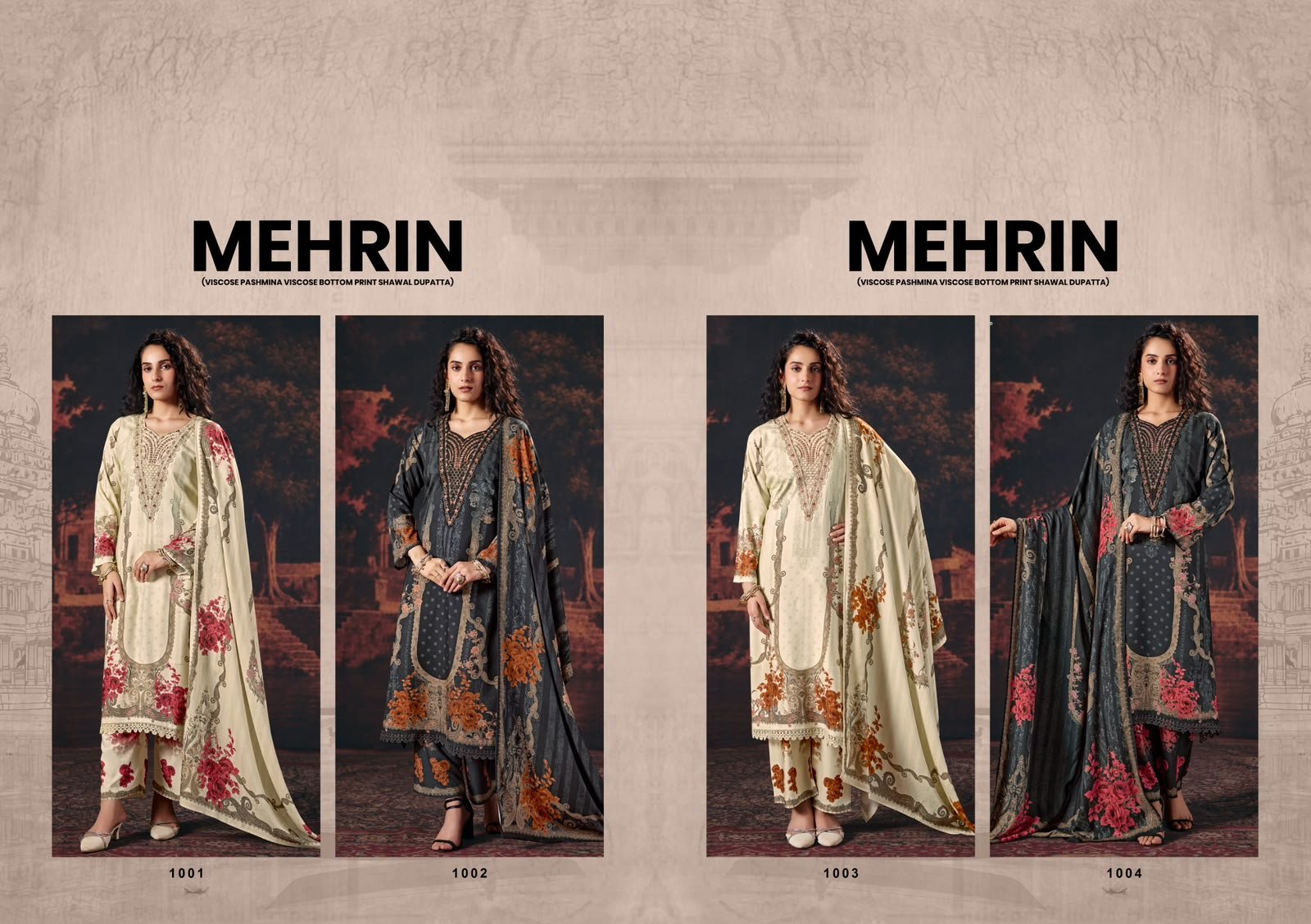 Mehrin Winter Shades Viscose Pashmina Digital Printed Embroidery V-Neck Suit - 4 Pcs Rate 1495