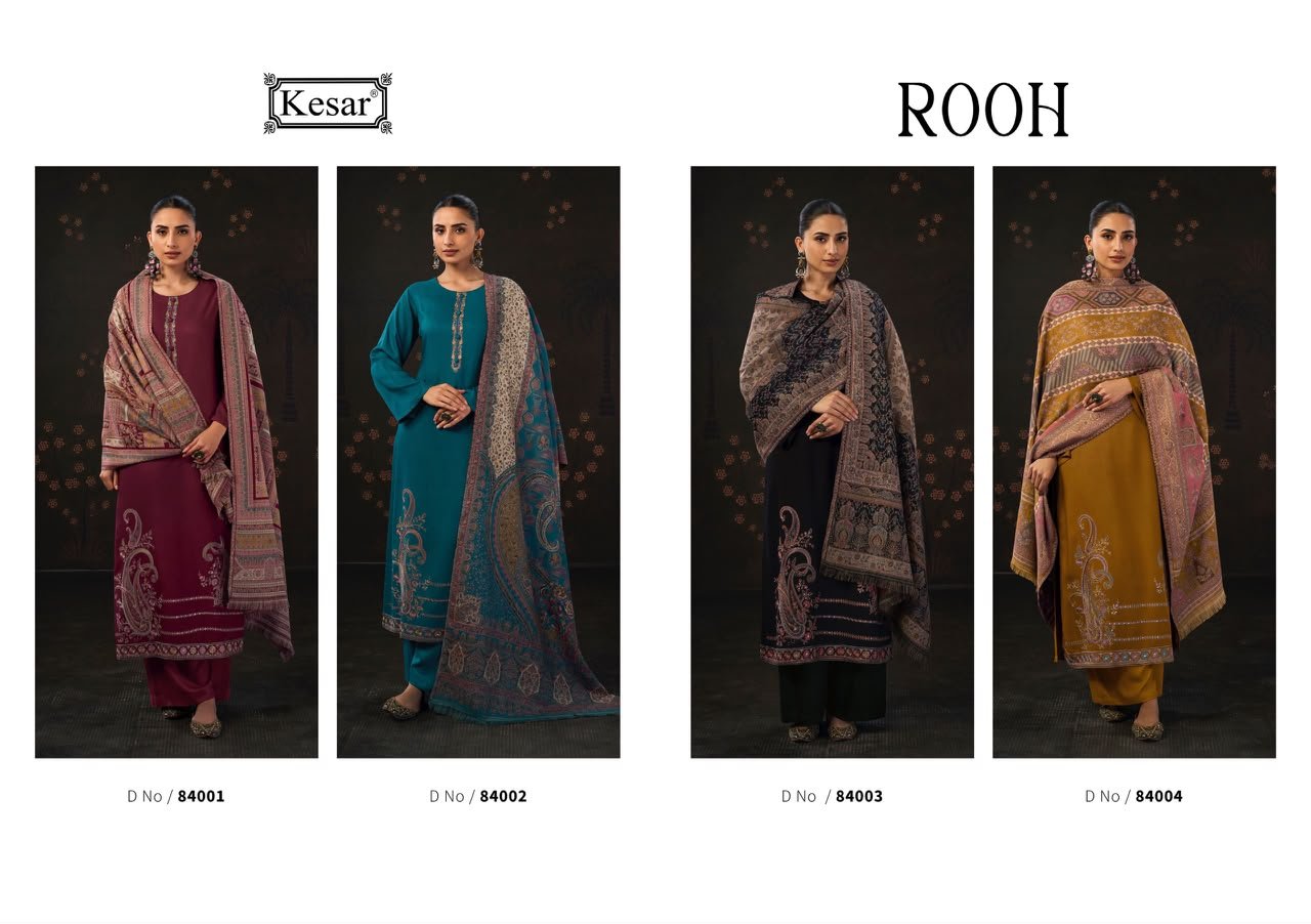 Kesar Rooh Pure Viscose Pashmina Twill Designer Embroidery Suit - 4 Pcs Rate 1750