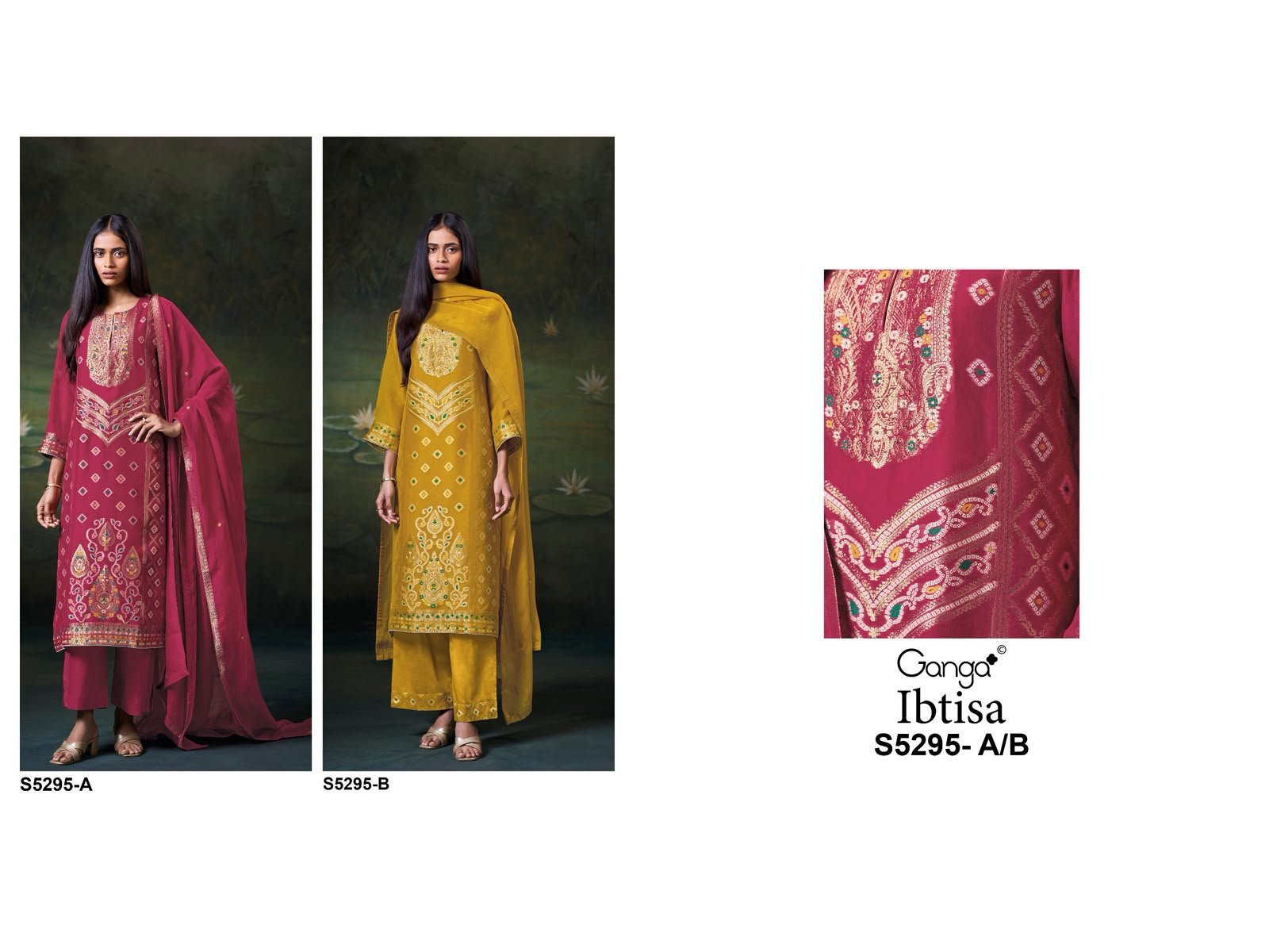 Ganga Ibtisa 5295 Premium Viscose Silk Jacquard Handwork Swarovski Suit - 2 Pcs Rate 2440