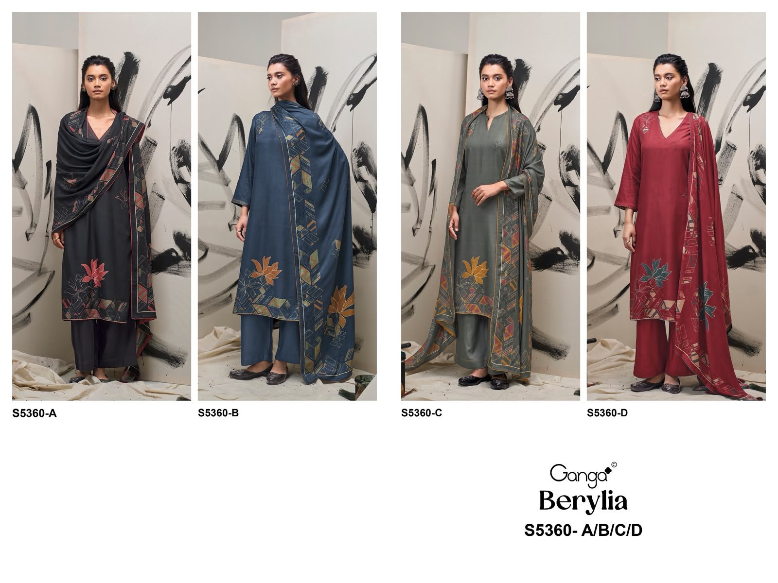 Ganga Berylia 5360 Premium Pure Wool Pashmina Printed Hand Work Suit - 4 Pcs Rate 1675