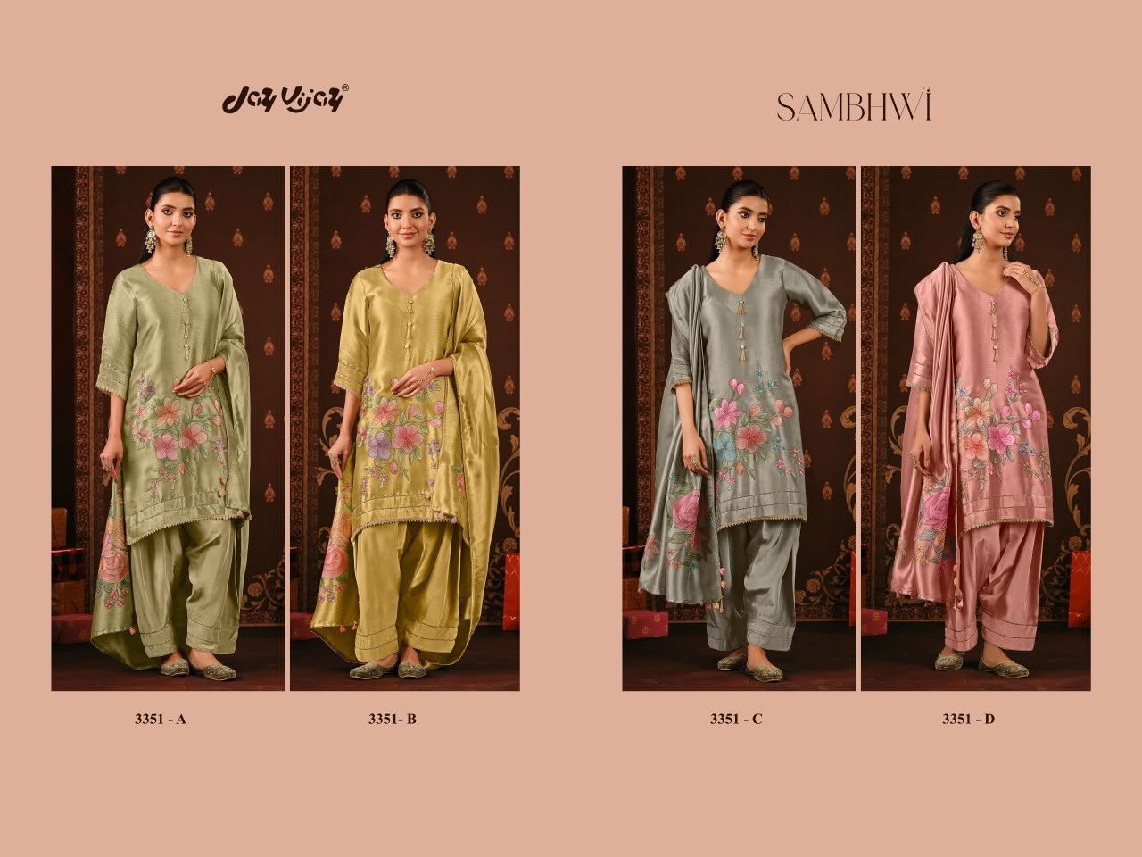 Jay Vijay Sambhwi Premium Bemberg Giraffe Jacquard Position Printing Embroidery Suit - 4 Pcs Rate 2990