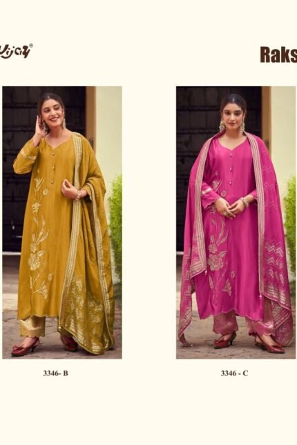 Jay Vijay Rakshita Pure Bemberg Chiniya Silk Jacquard Applique Patch Embroidery Suit - 4 Pcs Rate 2890