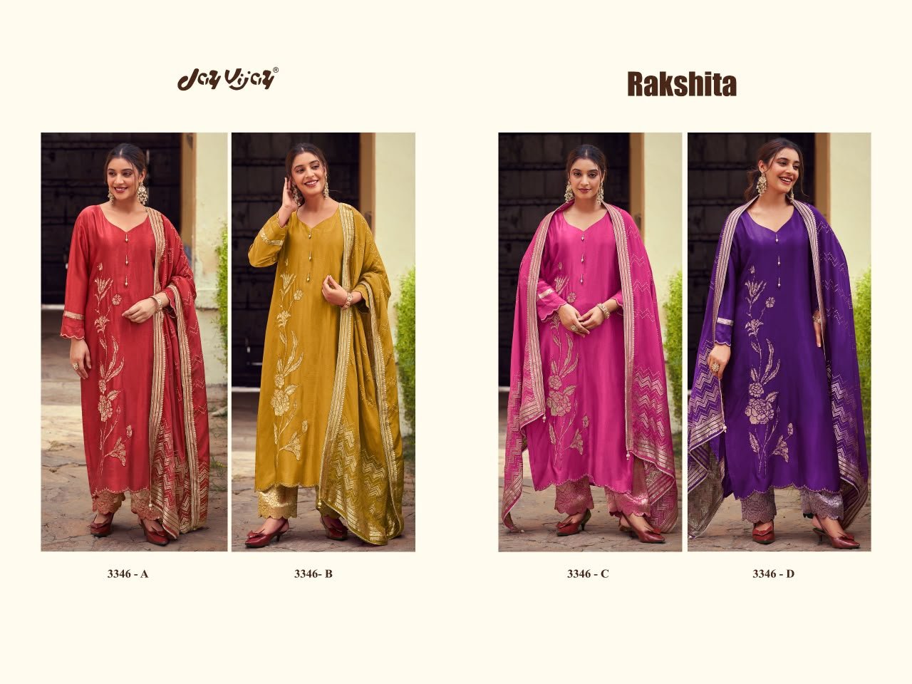 Jay Vijay Rakshita Pure Bemberg Chiniya Silk Jacquard Applique Patch Embroidery Suit - 4 Pcs Rate 2890
