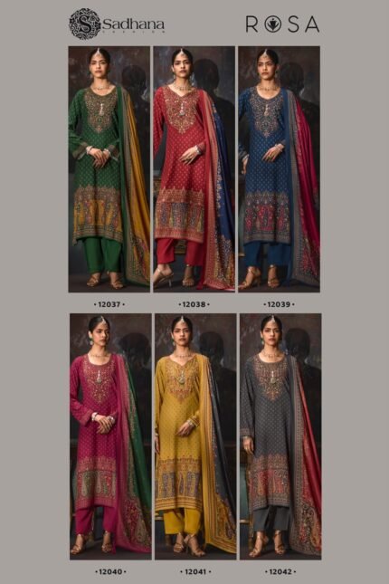 Sadhana Fashion Rosa Pure Viscose Pashmina Digital Print Heavy Khatli Work Suit - 6 Pcs Rate 1395