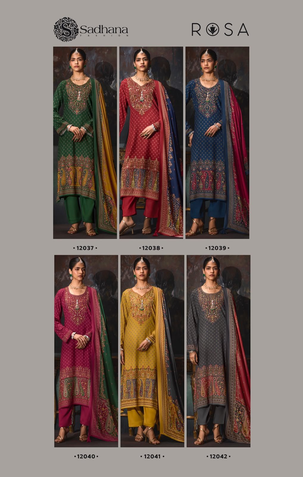 Sadhana Fashion Rosa Pure Viscose Pashmina Digital Print Heavy Khatli Work Suit - 6 Pcs Rate 1395