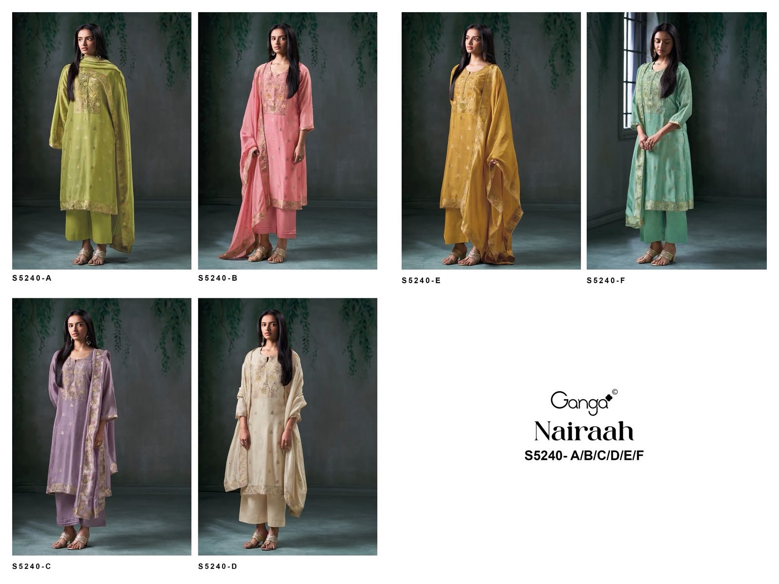 Ganga Nairaah 5240 Premium Pure Viscose Woven Silk Jacquard Hand Embroidery Swarovski Suit - 6 Pcs Rate 2280