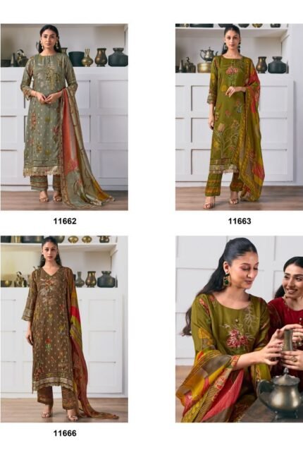 Jay Vijay Arundhati Pure Bemberg Muslin Silk Jack Digital Print Embroidery Daman Lace Suit - 6 Pcs Rate 2190
