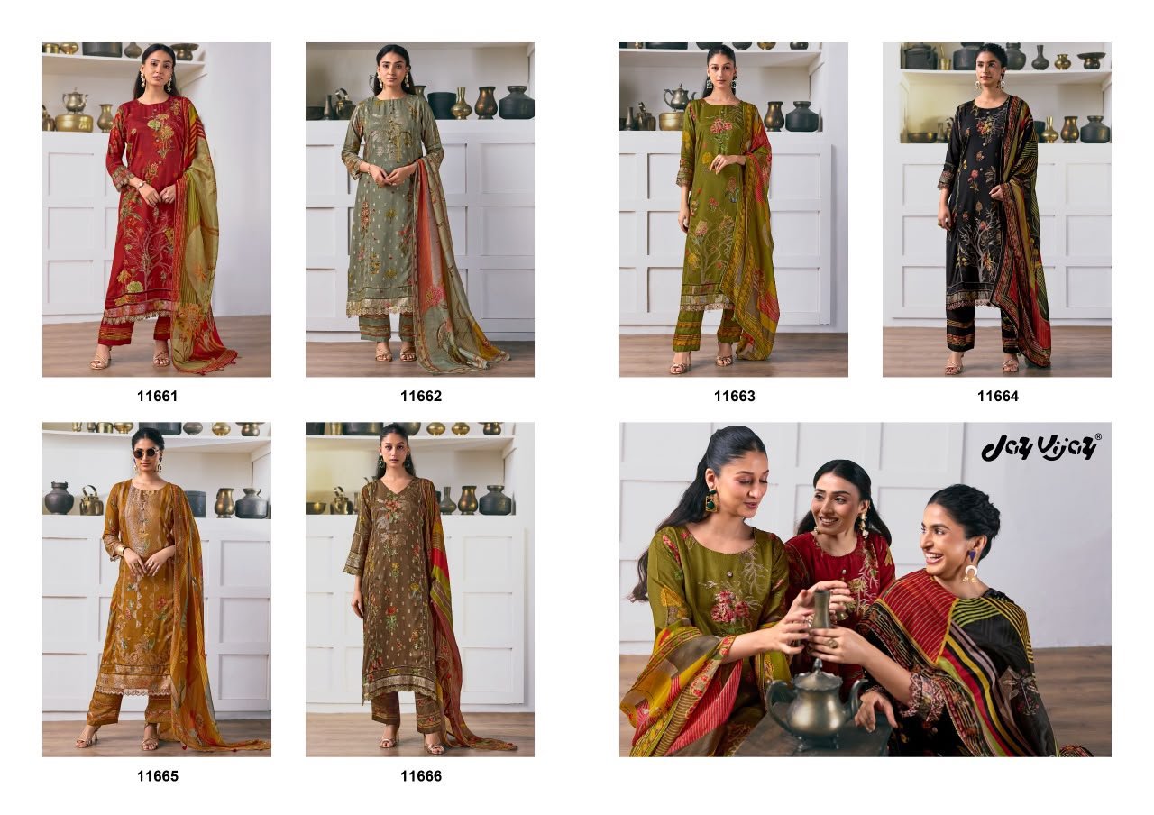 Jay Vijay Arundhati Pure Bemberg Muslin Silk Jack Digital Print Embroidery Daman Lace Suit - 6 Pcs Rate 2190