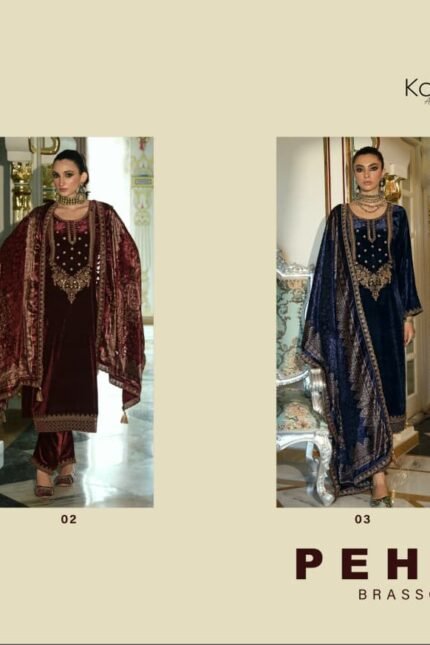 Kaavish Pehnava Pure Velvet Beads Embroidery Work Daman Sleeve Brasso Suit - 4 Pcs Rate 2995