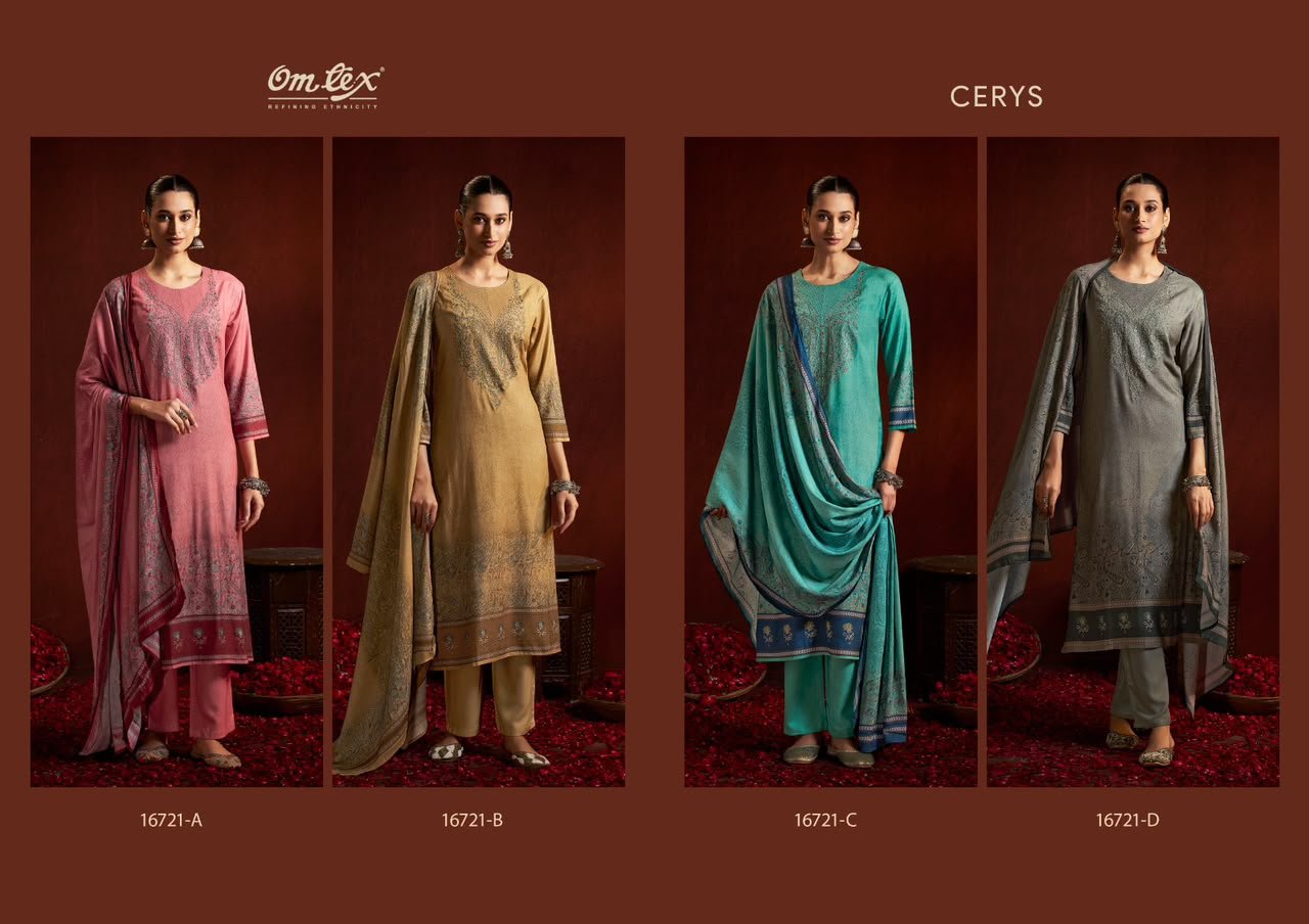 Omtex Cerys Pure Pashmina Digital Print Embroidery Shawl Suit - 4 Pcs Rate 1895