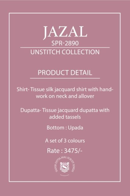 Naariti Jazal Tissue Silk Jacquard Shirt Hand Work Neck Allover Upada Suit - 3 Pcs Rate 3475